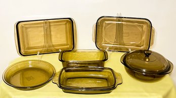 Amber-Five Pyrex Including Loaf Pan, Lidded Round Casserole, Pie Plate And Two 9 X 13 & Other