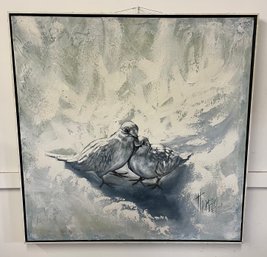 Large Framed Oil On Canvas Morning Doves