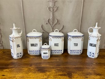 Vintage Kerag Czechoslovakia Porcelain Blue, White, Gold Canisters & Cruets