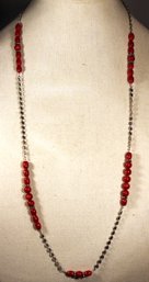 Fine Sterling Silver Coral Beaded Necklace About 32' Long