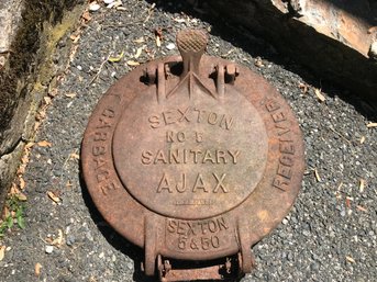 (2 Of 2) Very Unique  Antique Sexton Cast Iron Garbage Receiver Lid - Can Be Repurposed Into Many Things !