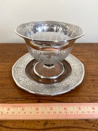 Sterling Silver Leaf Rim Floral Etched Glass Footed Bowl 5.5x4.25' With Matching Glass Plate 7.5' No Chips