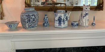 Impressive 7 Piece Oriental Themed Blue/white Porcelain Pieces Cat Teapot Lot!!!