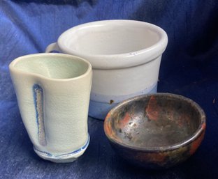 Vermont Stoneware Mug, Signed Pottery Vase And A Bowl