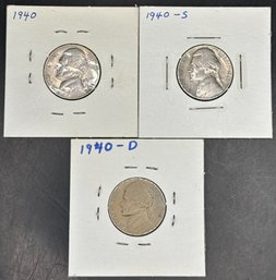 3 Jefferson Nickels 1940, 1940-D, 1940-S