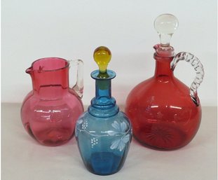 Three Pieces Of Colored Victorian Era Glass In Cranberry Reds & Blue