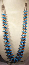 Fine Southwestern Native American Indian Turquoise And Shell Beaded Double Strand Necklace