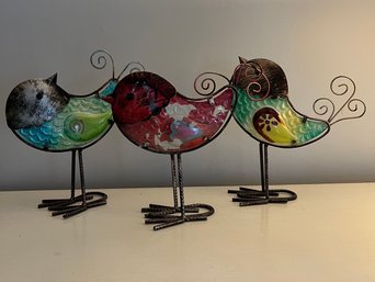 Colorful Artglass And Metal Trio Of Birds