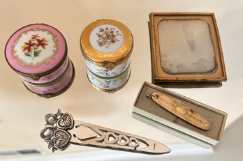 Limoges Trinket Boxes Paired With Antique Photo, Pocket Knife And