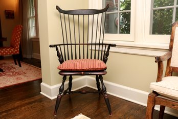 Comb Back Black Colonial Style Windsor Arm Chair With Custom Removable Seat Cushion