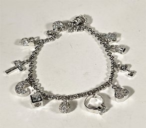 Large Sterling Silver 'bLING' Charm Bracelet Having CZ Stones
