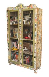 Broken Plate Mosaic Storytelling Handmade Bookshelf With Chicken Wire Doors
