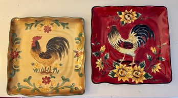Brightly Colored King Rooster And Honey Rooster  11 1/2' Square Plates (2)