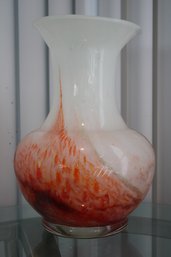 Vintage Hand Blown White Art Glass Vase With Orange Red And Green