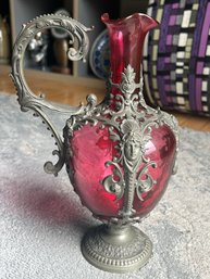 Ornate Antique 19th Century Victorian Era Pewter Cranberry Glass Ewer- Immaculate