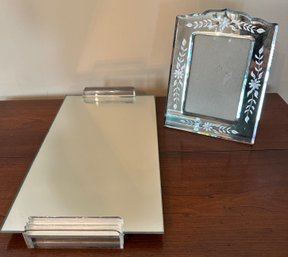 Vintage Mirrored Vanity Tray With Acrylic Handles & Etched Mirrored Frame