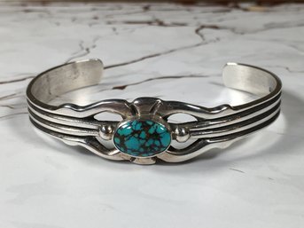 Paid $210 - Navajo Sterling Silver & Turquoise Cuff Bracelet - Wilson & Carol Begay - Nice Sandcast Bracelet