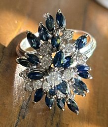 Stunning 14k White Gold Diamond And Sapphire Cocktail Ring ~ Size 10