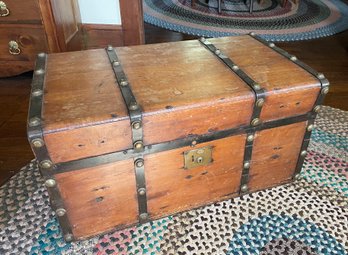 Antique Wooden Trunk With Metal Straps And Leather Handles