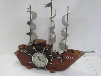 Vintage Wooden United Electric Clock Clipper Nautical Sailing Ship Boat