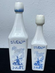 Pair Of Vintage Vandermint Liquor White & Blue Decanter Bottles