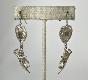 Contemporary Sterling Silver Cupid And Heart Formed Pierced Earrings`