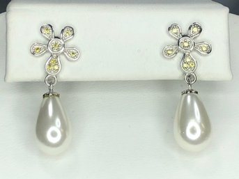 Wonderful Pair Sterling Silver / 925 Pearl Drop Earrings With Yellow Topaz - New Never Worn ! - Very Pretty