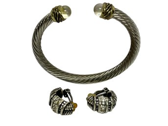 David Yurman Style Bracelet & J Shaped Earrings