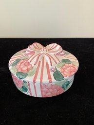 1990S Round Trinket Box With Pink Flowers And Pink And White Bow