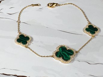 Wonderful Sterling Silver With 14K Gold Overlay / Alhambra Malachite / Van Cleef Style Bracelet - Please Read