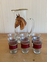 Lot Of 6 Shot Glasses With Horse Pitcher