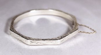 Fancy Engraved Octagonal Shaped Hinged Sterling Silver Bangle Braclet