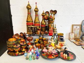 Large Collection Of Russian Wooden Lacquered Bowls, Spoons, Cups Canisters, Dolls And More