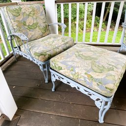 Vintage Cast Aluminum Lounge Back Chair & Separate Ottoman With Thick Zippered Cushions