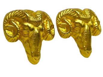 Vintage Ram Head Earrings In Brushed Gold, These Are Statement Earrings On The Larger Size!