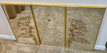 Mid-Century Gilt Embossed Mirror Panels With Clock Triptych