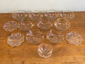 Collection Of Delicate Glass Dishes Gold Gilt Rims: 9 Bowls 4.75x2, 3 Scalloped Plates 4.5, 1 Bowl 3.5x2