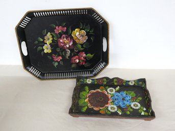 Pair Of Tole Paint Decorated Trays One Metal MCM The Other Wooden