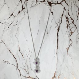 Gorgeous Brand New Sterling Silver 18' Necklace And Drop Pendant With Amethyst And White Zircons - Lovely