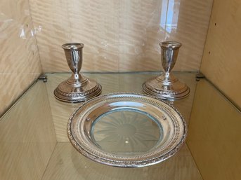 Frank M Whiting Sterling Silver Talisman Rose Lemon Dish & Columbia Weighted Sterling Candle Holders