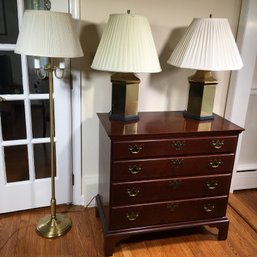 Very Nice Decorator Brass Lamp Lot - Pair Polished Brass Canister Lamps Along With Brushed Brass Floor Lamp