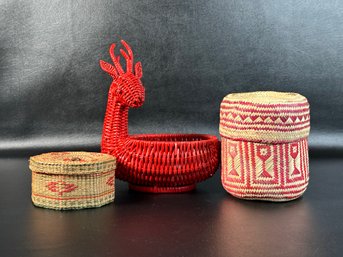 A Grouping Of Small Compatible Woven Baskets