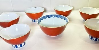 Japanese Vintage Arita Porcelain Lotus Rice Soup Bowls-Set Of 6 And More