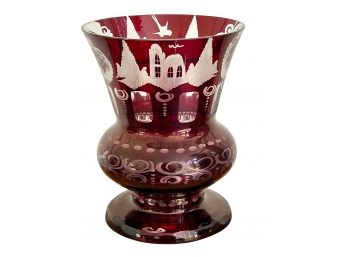 GORGEOUS Cut To Clear Ruby Red Crystal Etched Czech Bohemian Vase