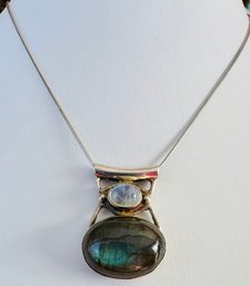 PRETTY SIGNED SAJEN LABRADORITE AND MOONSTONE QUARTZ NECKLACE