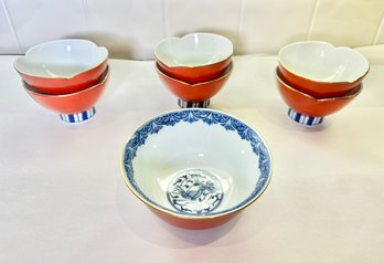 Japanese Vintage Arita Porcelain Lotus Rice Soup Bowls-Set Of 6 And More