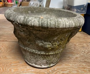 Large Heavy Vintage Flower Planter Cement Stoneware With Nice Flower And Leaf Designed. MP/ Under Table 2