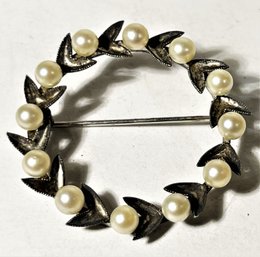 Vintage Sterling Silver Cultured Pearl Wreath Formed Brooch Pin