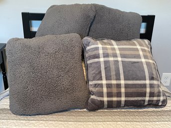 Four Super Soft Grey 16 X 16 Throw Pillows, 1 With Plaid Pattern