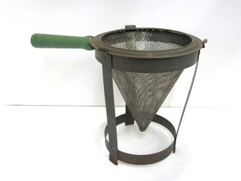 Vintage Coned Shaped Strainer Food Mill With Stand Chippy Green Wooden Handle